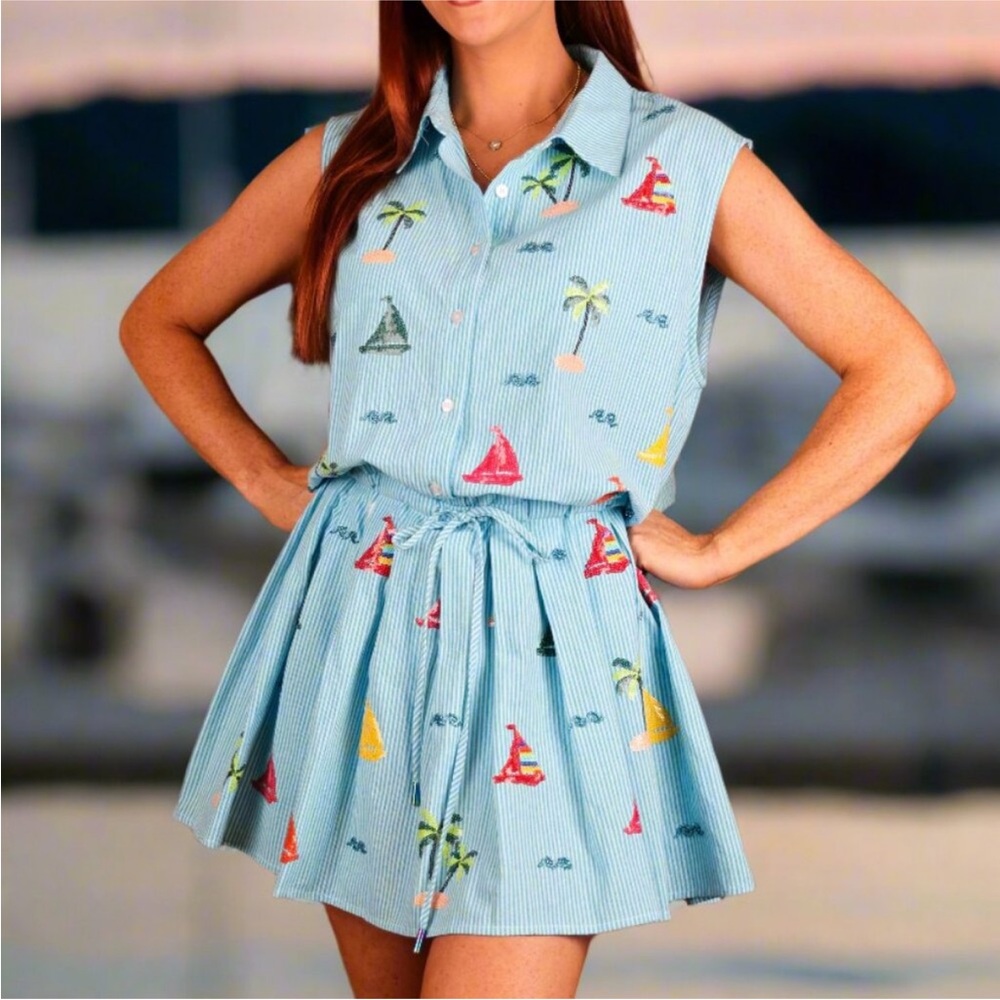 NWT Queen of Sparkles Blue Stripe Sail Boat & Palm Tree Icon Cotton Tie Dress